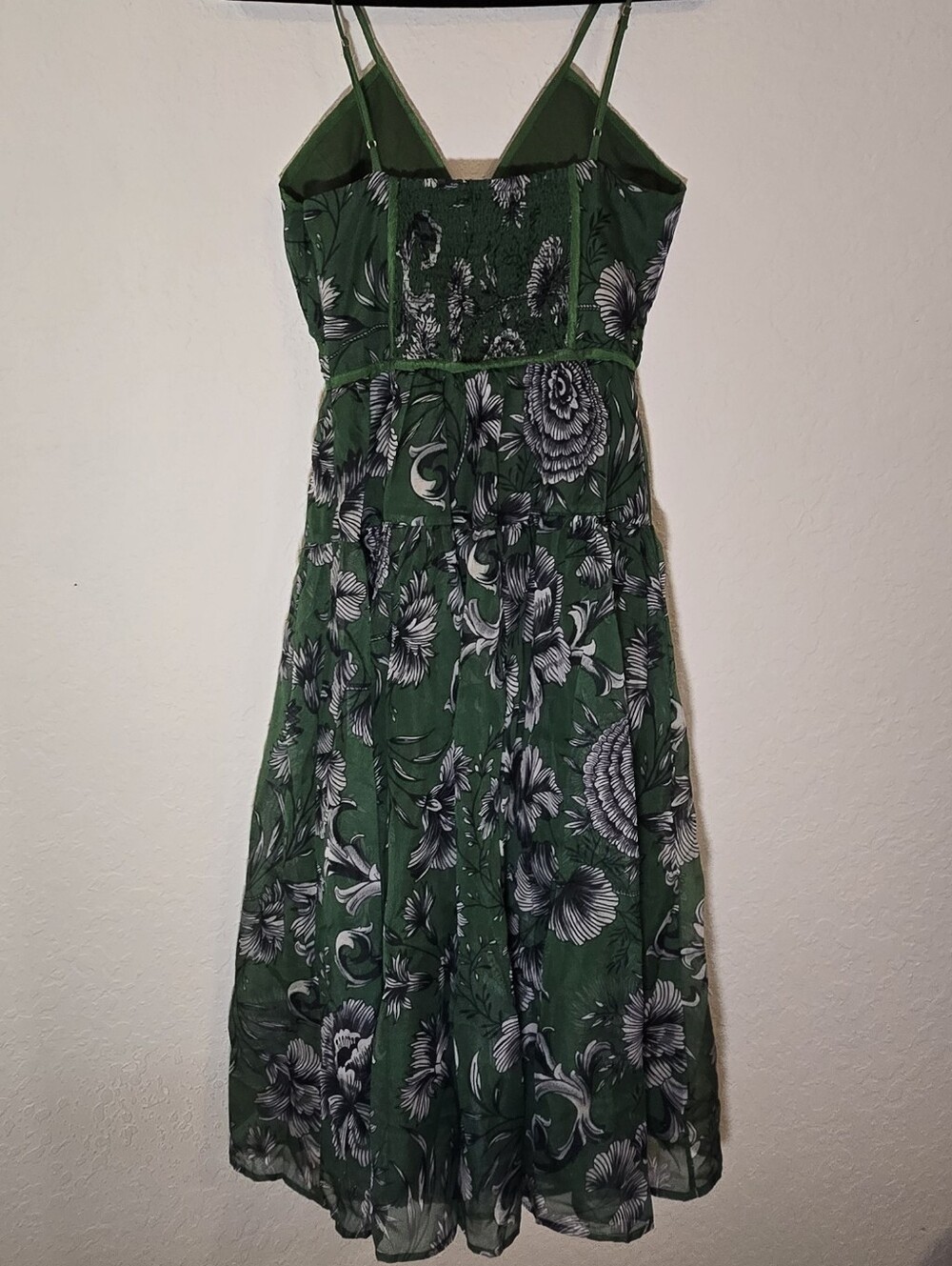 Anthropologie Green Floral Midi Dress Small Smocked Back Sweetheart Boho Cottage - Picture 10 of 11
